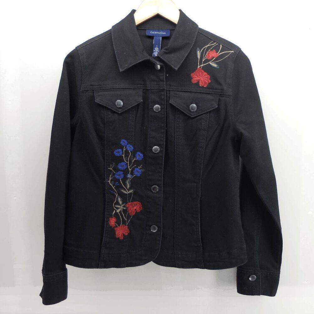 Charter Club Boho Western Flower Denim Crop Button Up Jacket‎ Coat Small Black